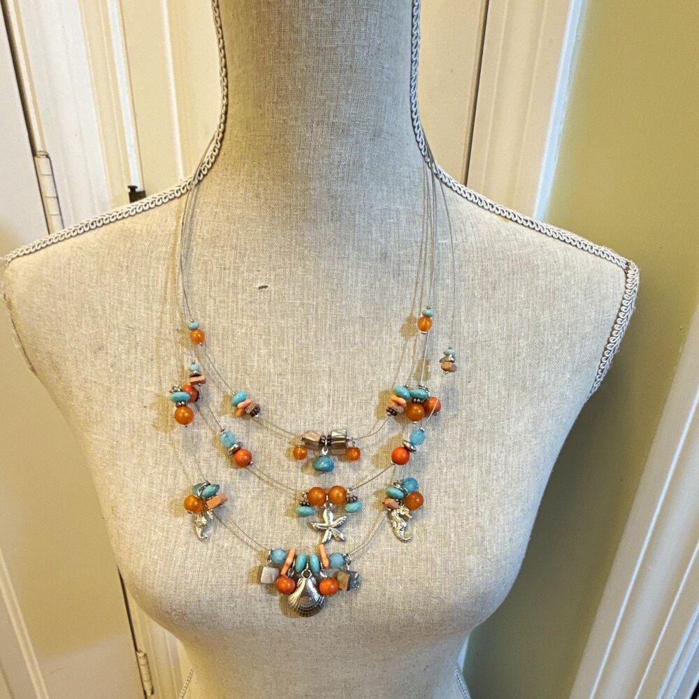 LAYERED BEADED TURQUOISE & CORAL NAUTICAL CHARM NECKLACE SILVER TONE